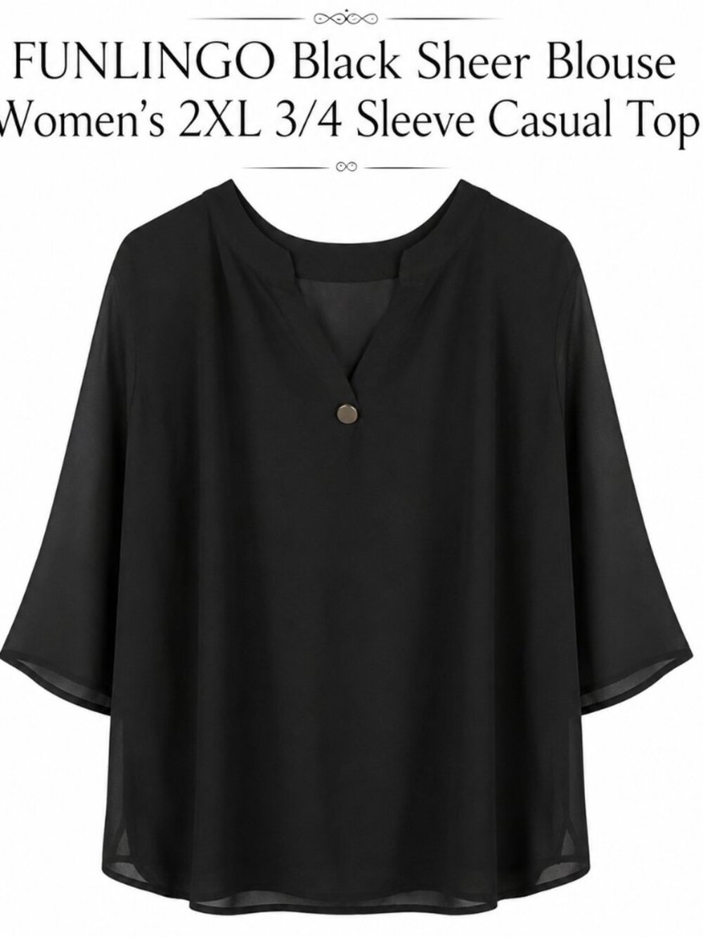 Black Sheer Blouse - Women's 2XL 3/4 Sleeve Casual Top